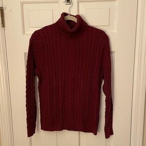 Lands’ End Turtleneck Sweater Cable Knit 100% Cotton Large Burgundy / Maroon